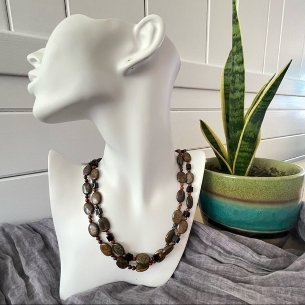 $49 SALE Handmade Layered Red Jasper Bronzite Necklace 26” Contemporary Long - Picture 3 of 8